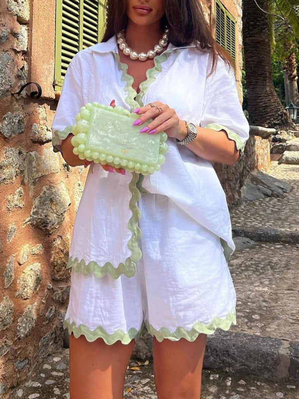 White with Black Trim Blouse & Shorts Set