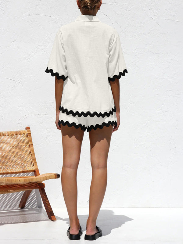 White with Black Trim Blouse & Shorts Set