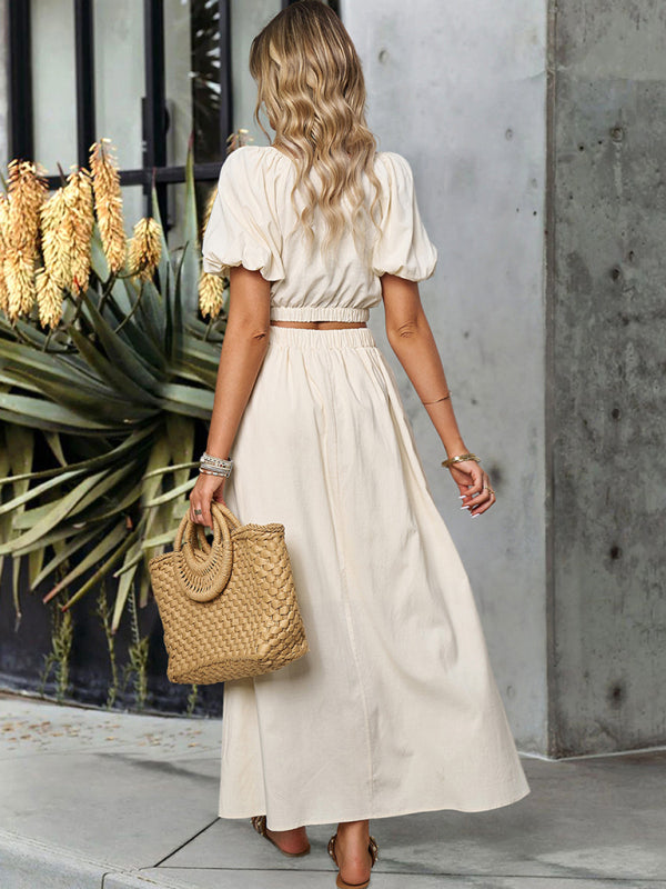Green V-neck Short-Sleeved Top and Skirt Set