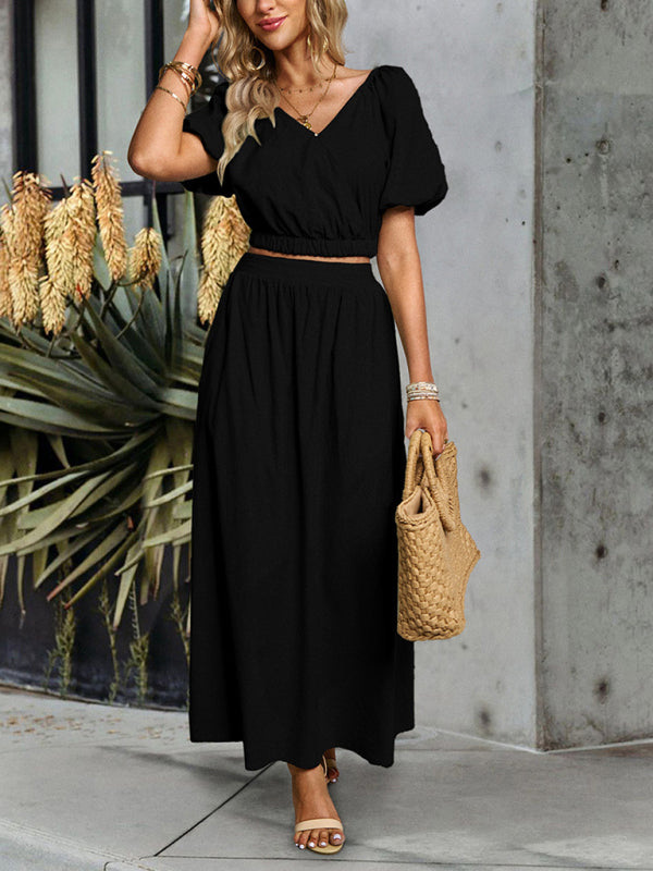 Green V-neck Short-Sleeved Top and Skirt Set
