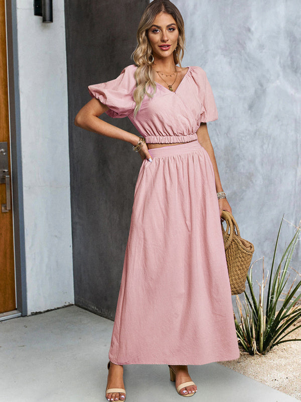 Green V-neck Short-Sleeved Top and Skirt Set