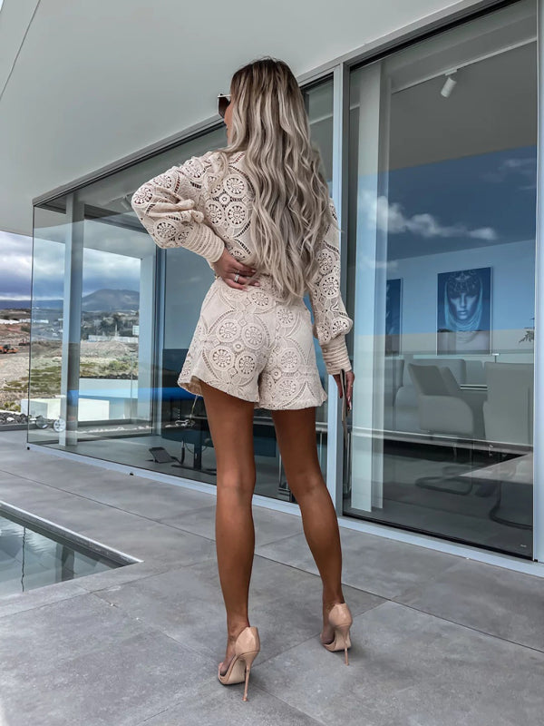 Single Breasted Stand Collar Top & Lace Shorts Set