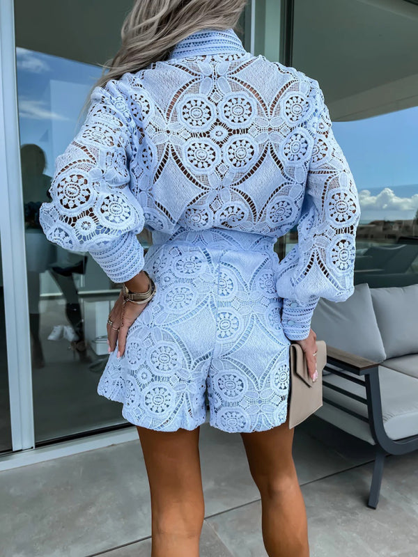 Single Breasted Stand Collar Top & Lace Shorts Set