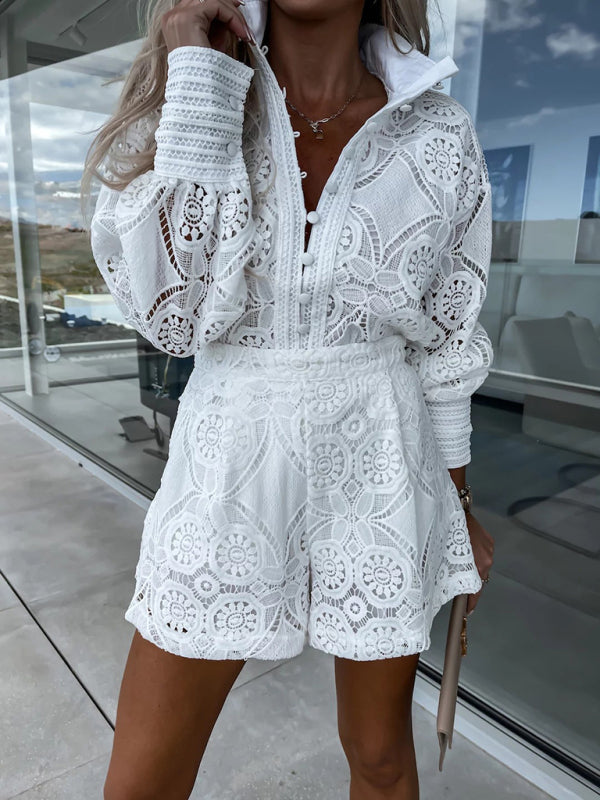 Single Breasted Stand Collar Top & Lace Shorts Set