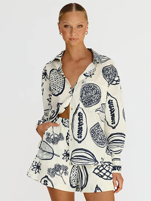 White Fruit Print Shorts & Blouse Set