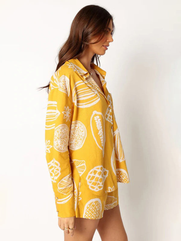 White Fruit Print Shorts & Blouse Set