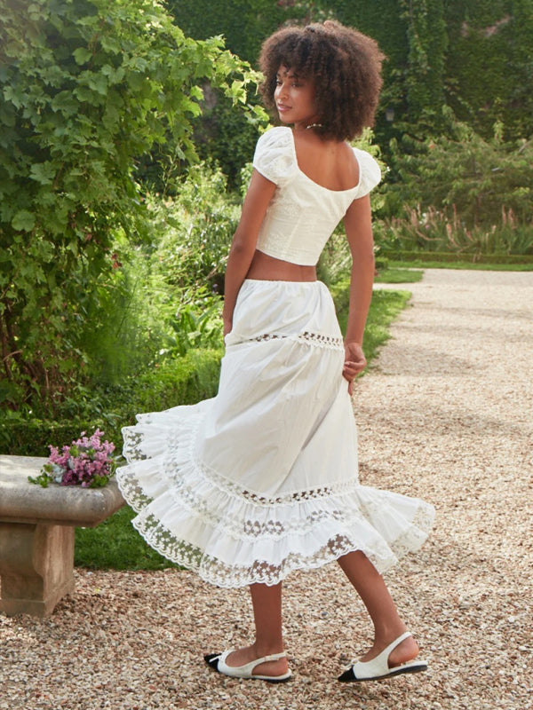 French Square Neck Embroidered Puff Sleeve top with Maxi Skirt