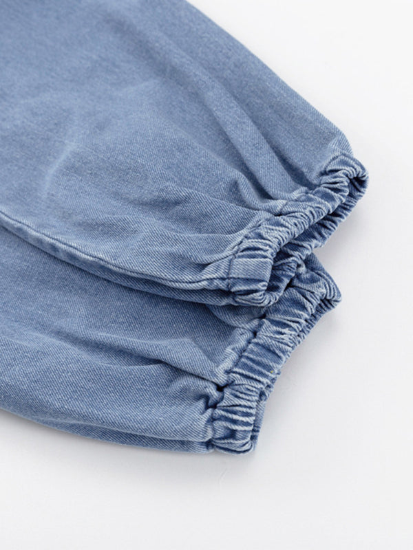 V-neck long-sleeved denim high-waist dress