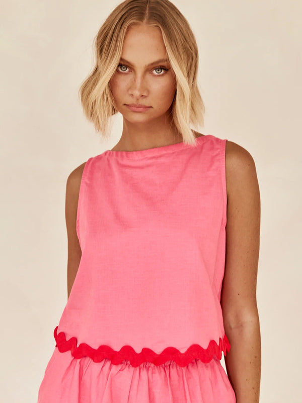 Sleeveless Black with White Wave Trim Top & Shorts Set