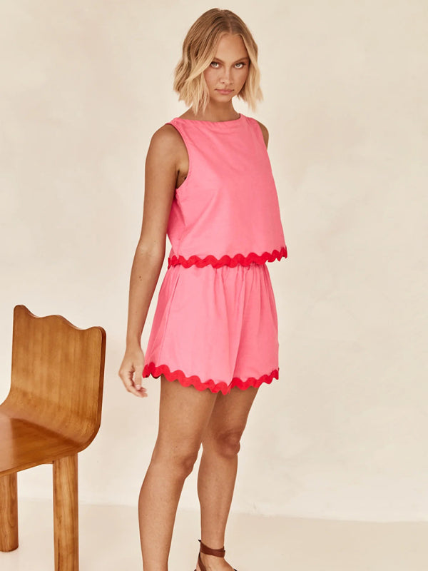 Sleeveless Black with White Wave Trim Top & Shorts Set