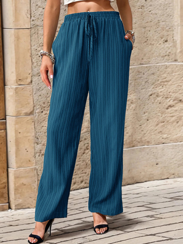 Pleated Textured Elastic Straight Pants