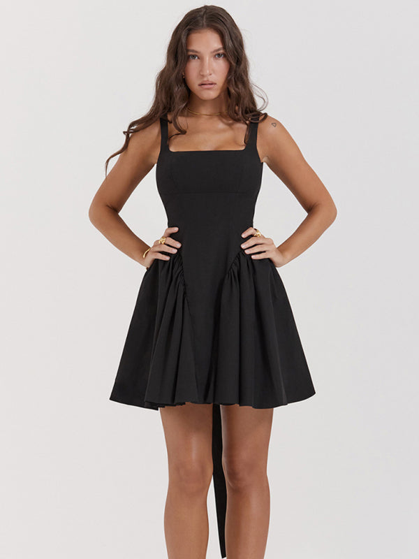 Women's Sexy Backless Spliced Strap Short Girly Style Ruffle Dress