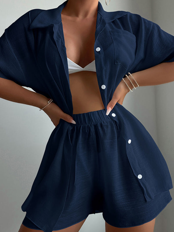 Beach Cover Up Shirt + Shorts Set - Khaki