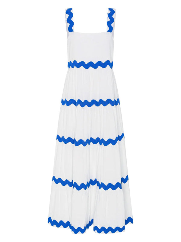 Wavy Splicing Maxi Dress - White/Blue