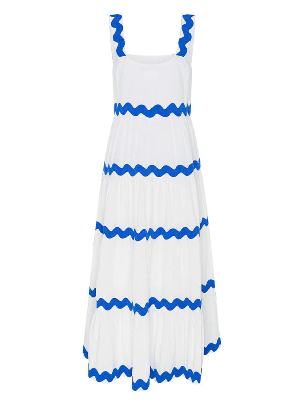 Wavy Splicing Maxi Dress - White/Blue