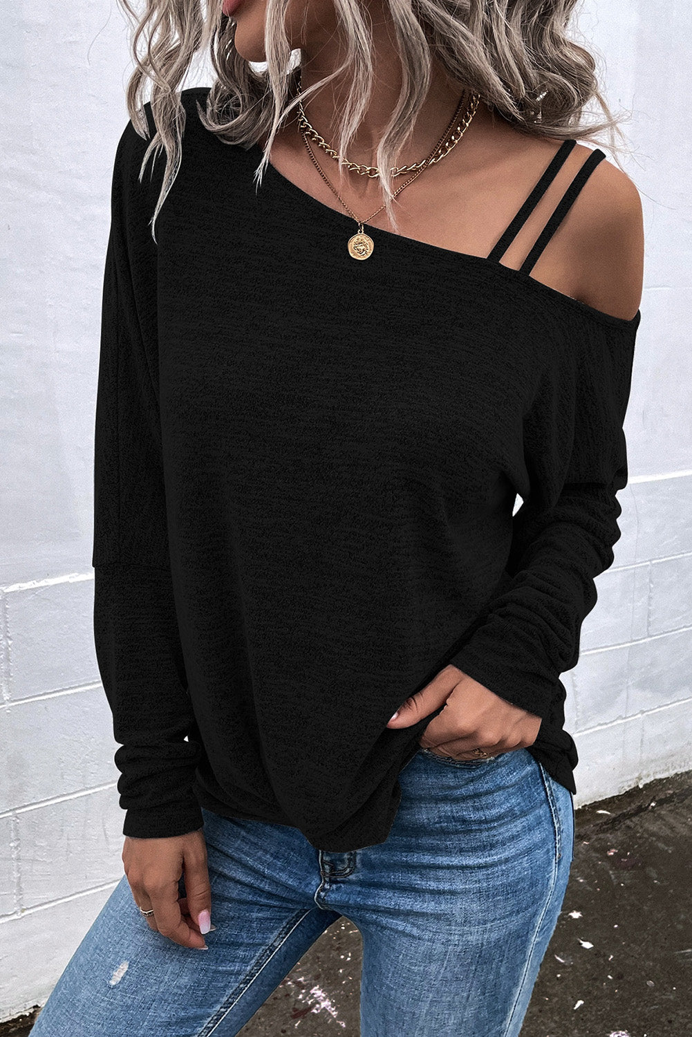 Khaki Asymmetric Colorblock Strappy Cold Shoulder Twist Hem Top