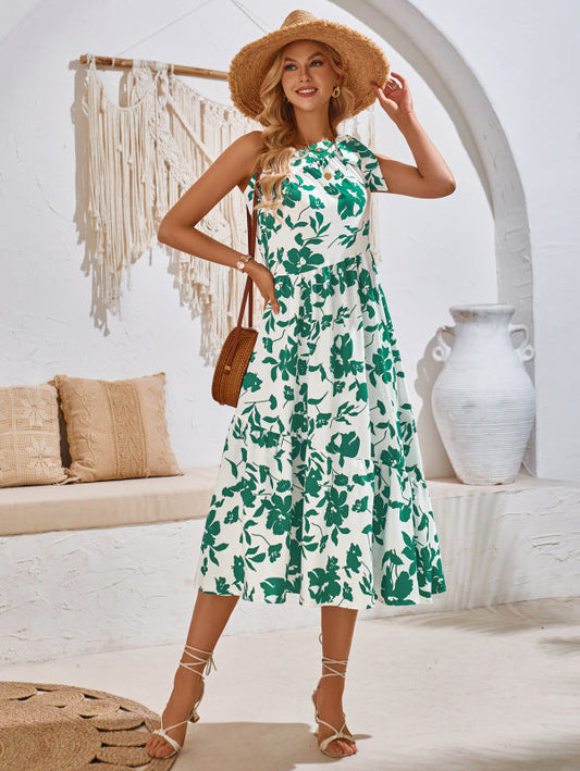 Women's off-shoulder strappy printed waist dress - Green