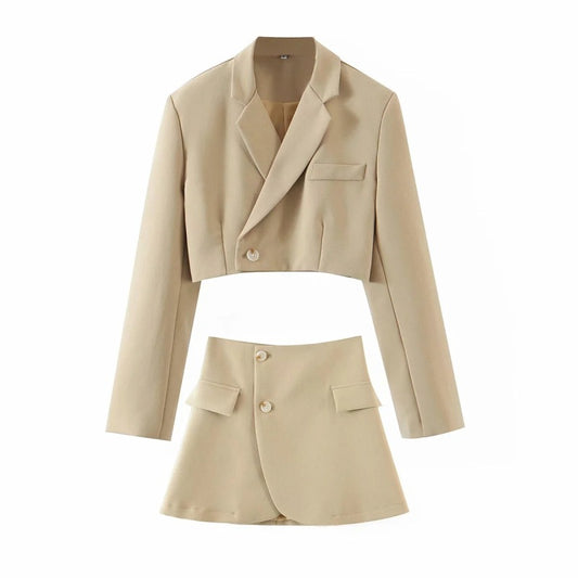 New fashionable casual diagonal button short blazer + high waist pocket skirt suit