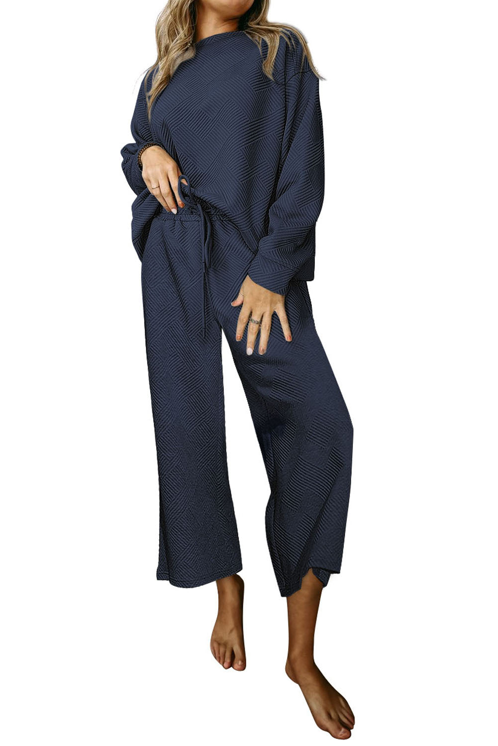 Black 2pcs Solid Textured Drawstring Shorts Set