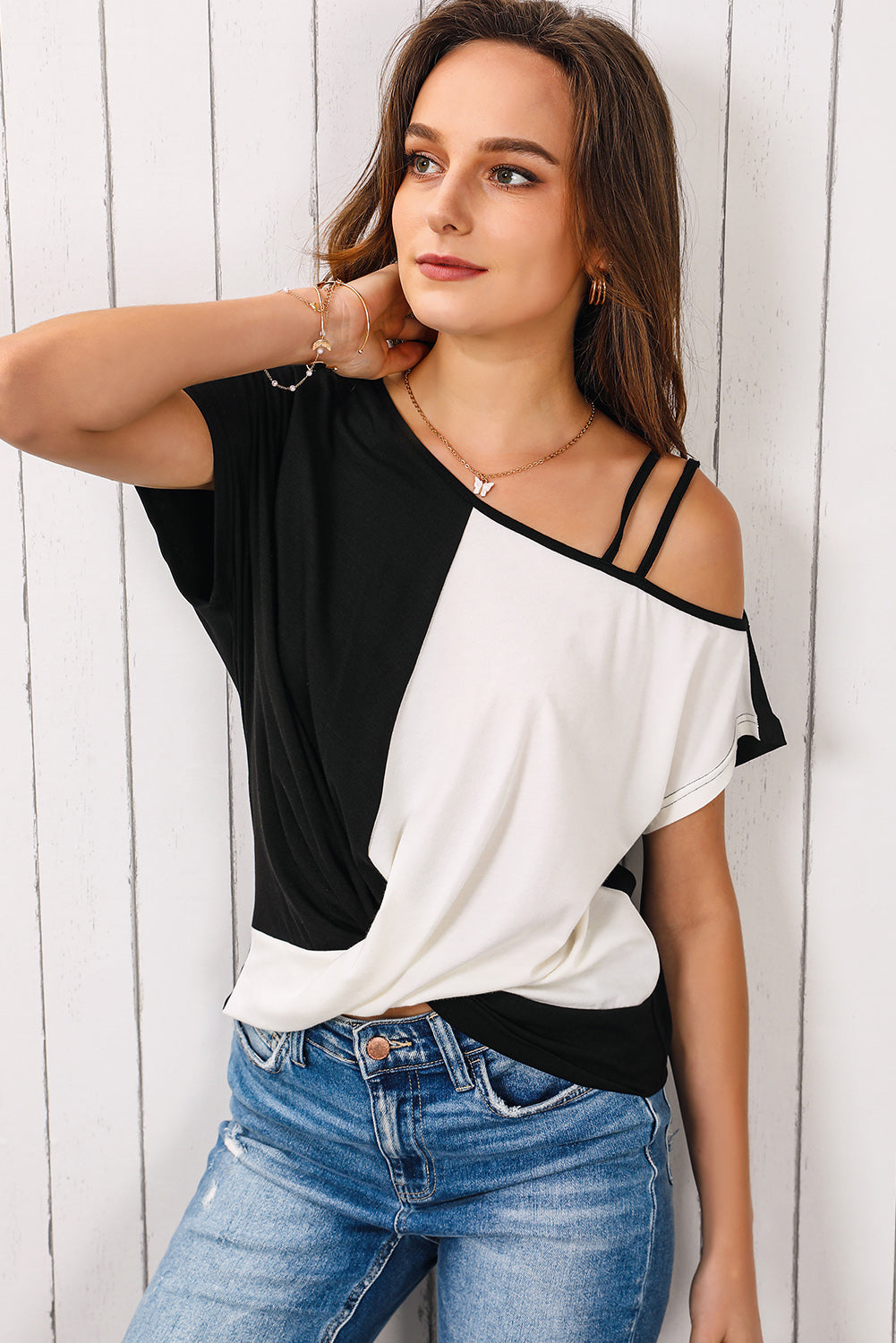 Khaki Asymmetric Colorblock Strappy Cold Shoulder Twist Hem Top