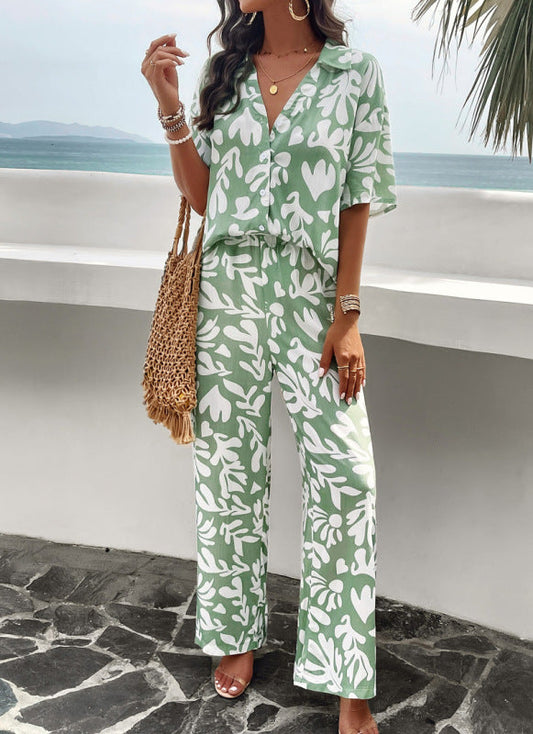 Elegant Trending Green Leaf Print Pants & Blouse Matching Set