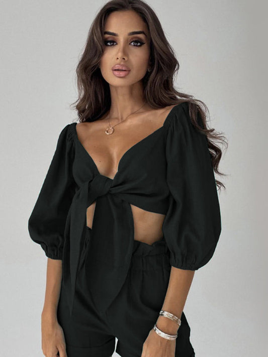Black Tie Top & Pocket Shorts Set