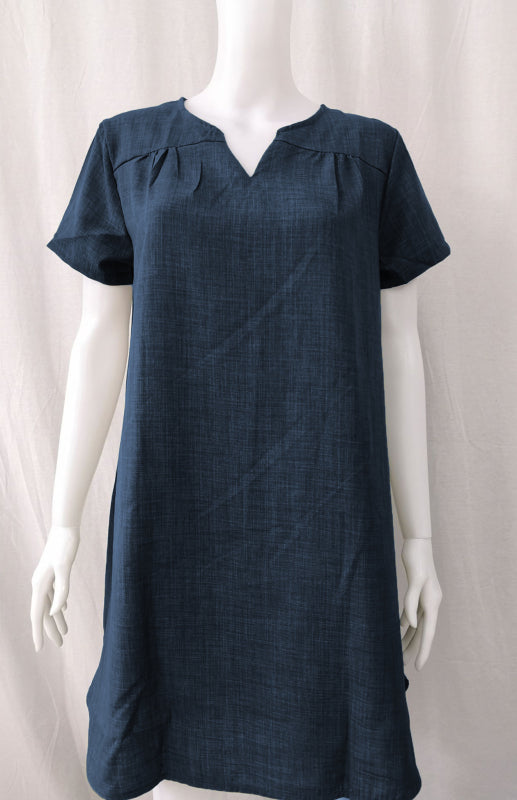 V-Neck Rolled Short Sleeve Gathered Dress