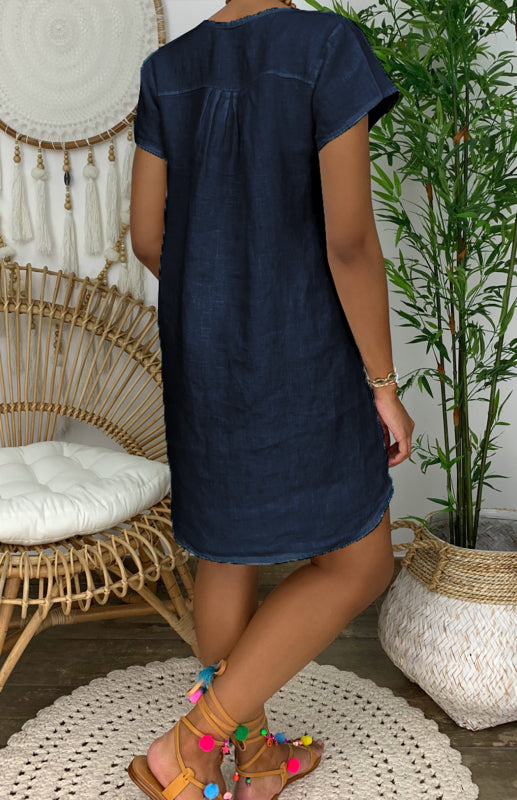 V-Neck Rolled Short Sleeve Gathered Dress