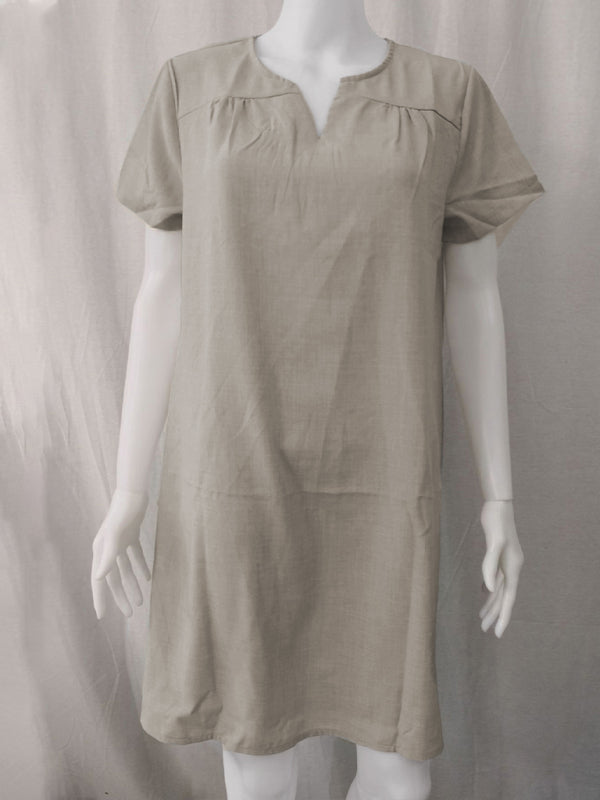 V-Neck Rolled Short Sleeve Gathered Dress