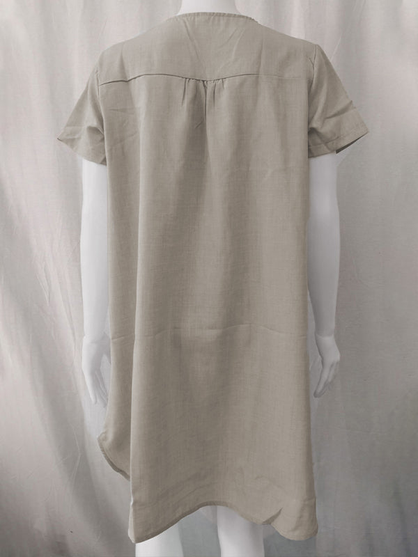 V-Neck Rolled Short Sleeve Gathered Dress