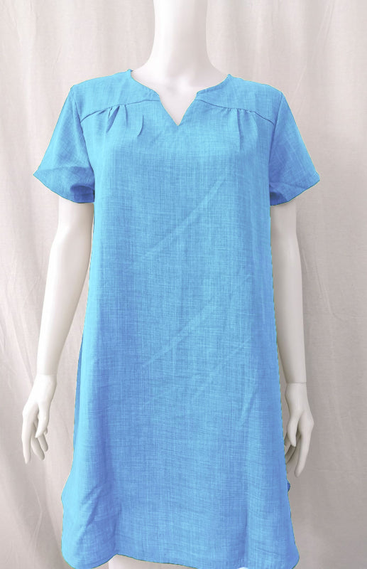 V-Neck Rolled Short Sleeve Gathered Dress