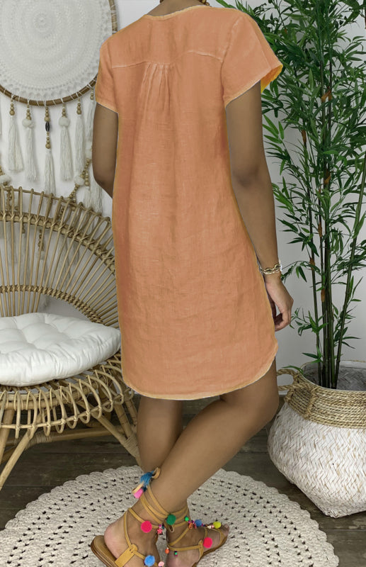 V-Neck Rolled Short Sleeve Gathered Dress