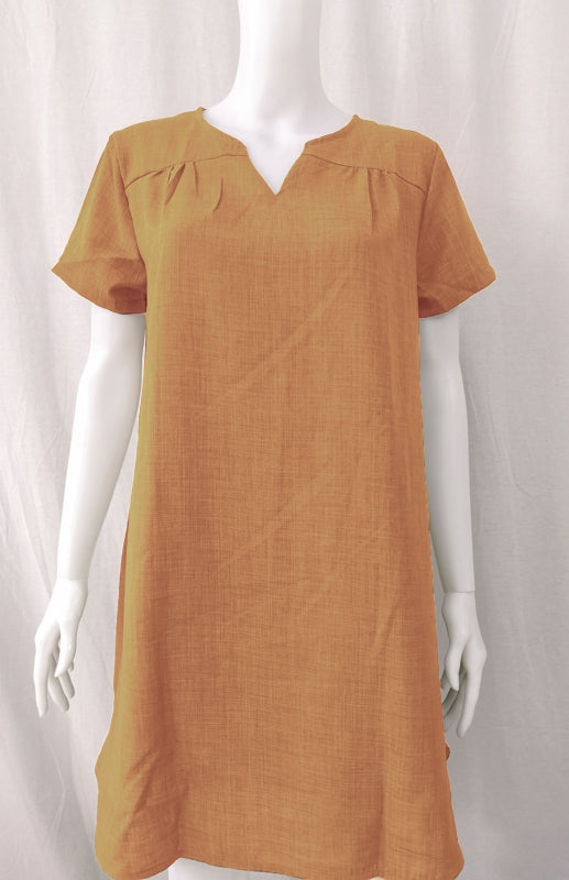 V-Neck Rolled Short Sleeve Gathered Dress