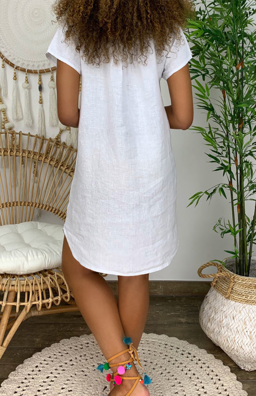 V-Neck Rolled Short Sleeve Gathered Dress