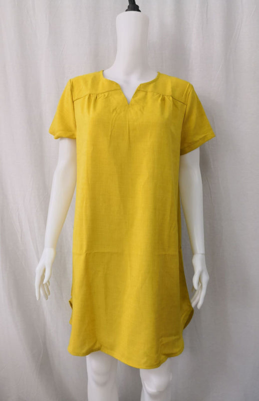 V-Neck Rolled Short Sleeve Gathered Dress