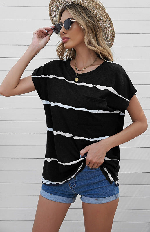 Black with White Stripe Crew Neck Short Sleeve Pocket T-Shirt