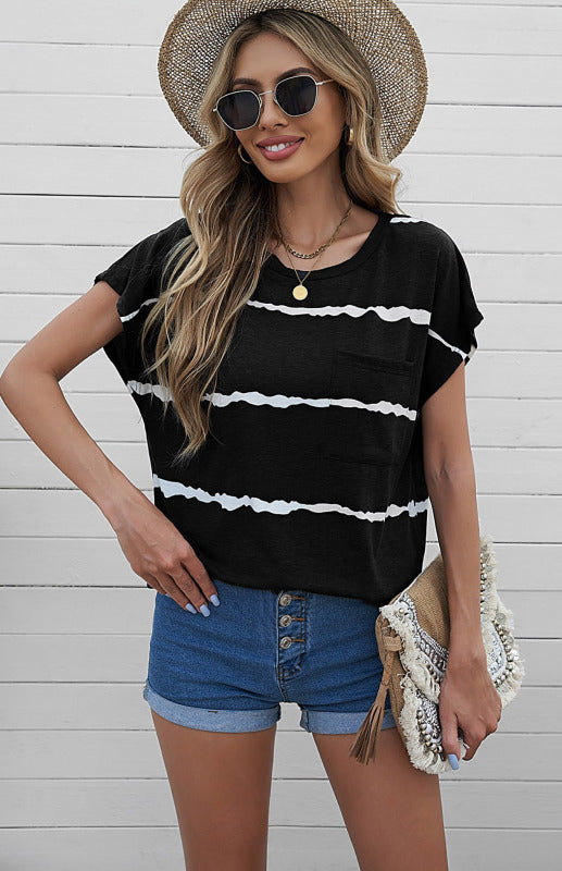 Black with White Stripe Crew Neck Short Sleeve Pocket T-Shirt