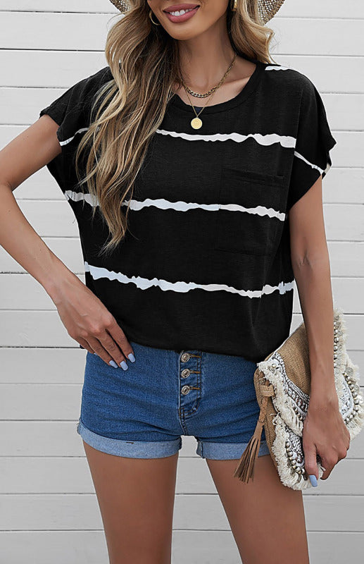Black with White Stripe Crew Neck Short Sleeve Pocket T-Shirt