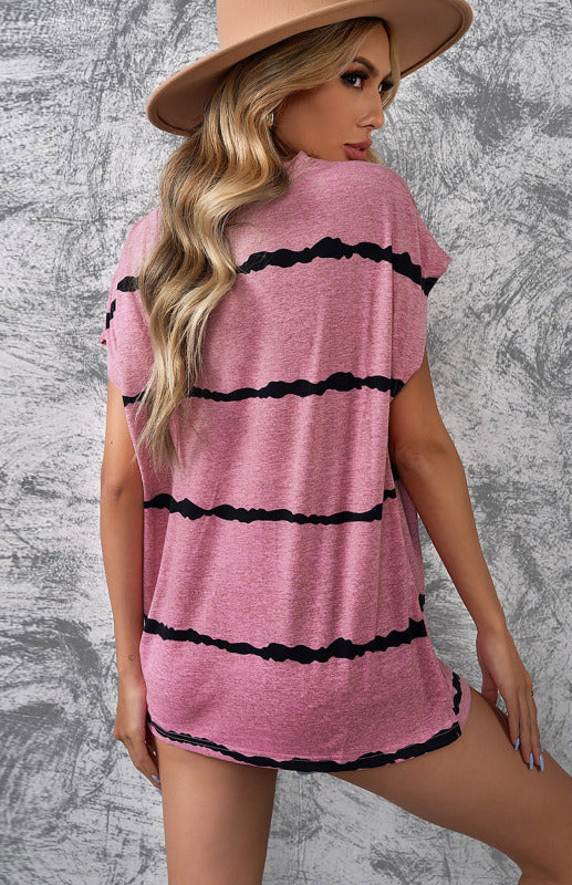 Black with White Stripe Crew Neck Short Sleeve Pocket T-Shirt