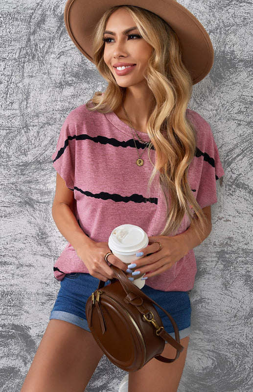 Black with White Stripe Crew Neck Short Sleeve Pocket T-Shirt
