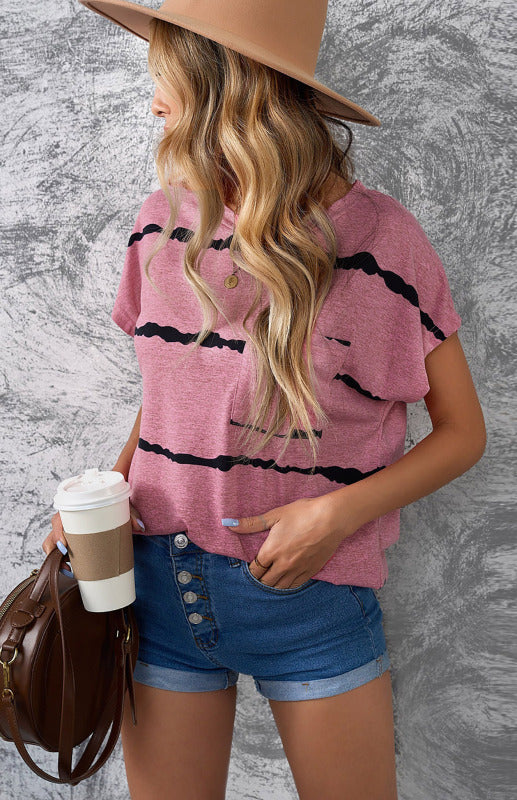 Pink Stripe Crew Neck Short Sleeve Pocket T-Shirt