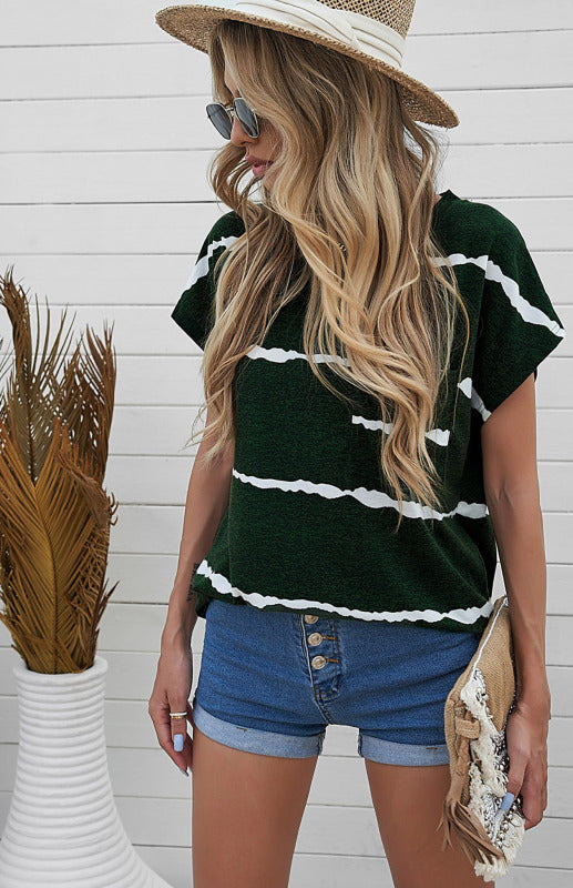 Black with White Stripe Crew Neck Short Sleeve Pocket T-Shirt