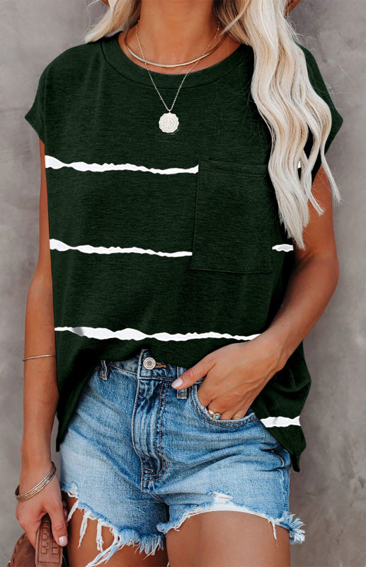 Black with White Stripe Crew Neck Short Sleeve Pocket T-Shirt