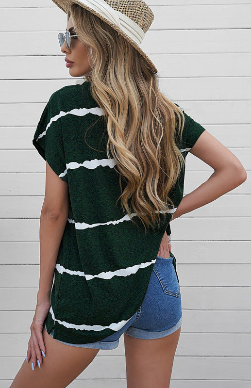 Black with White Stripe Crew Neck Short Sleeve Pocket T-Shirt