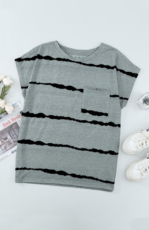 Black with White Stripe Crew Neck Short Sleeve Pocket T-Shirt