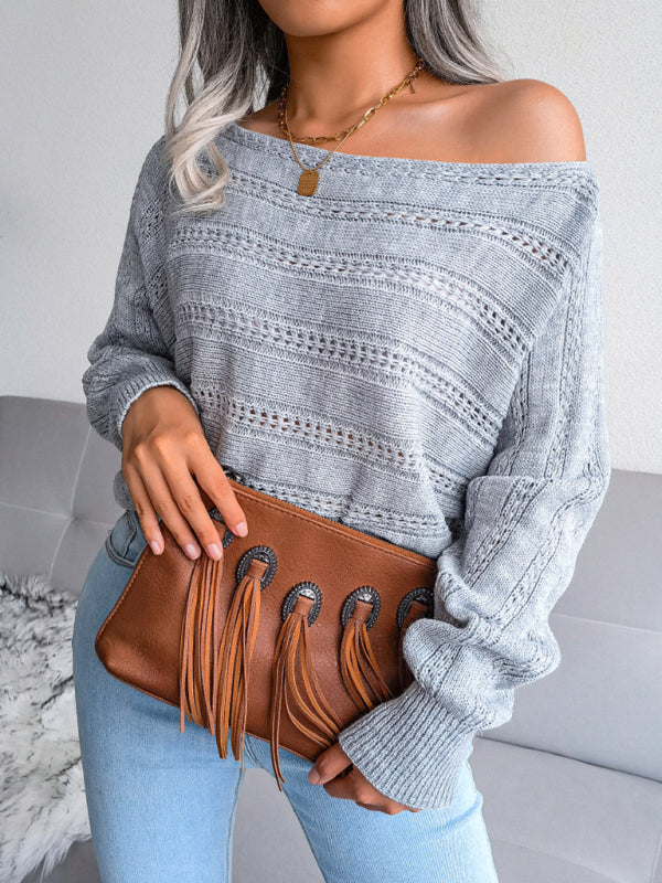 Women's straight neck off shoulder hollow out fried dough twist casual knitted sweater