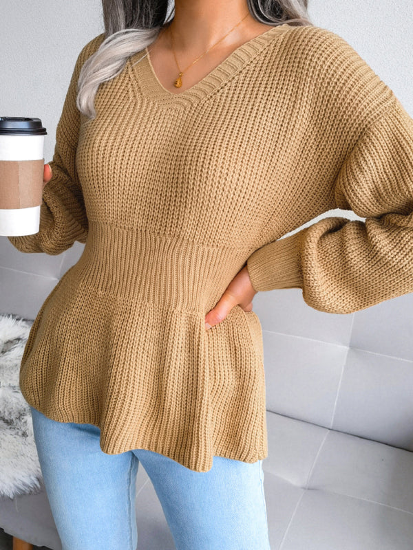 Women's Lantern Sleeve waist closed hem Ruffle knitted sweater