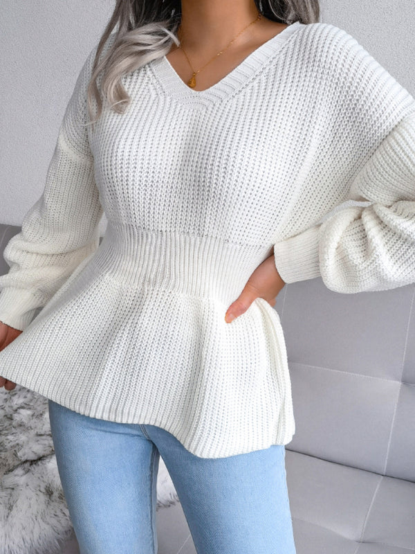 Women's Lantern Sleeve waist closed hem Ruffle knitted sweater