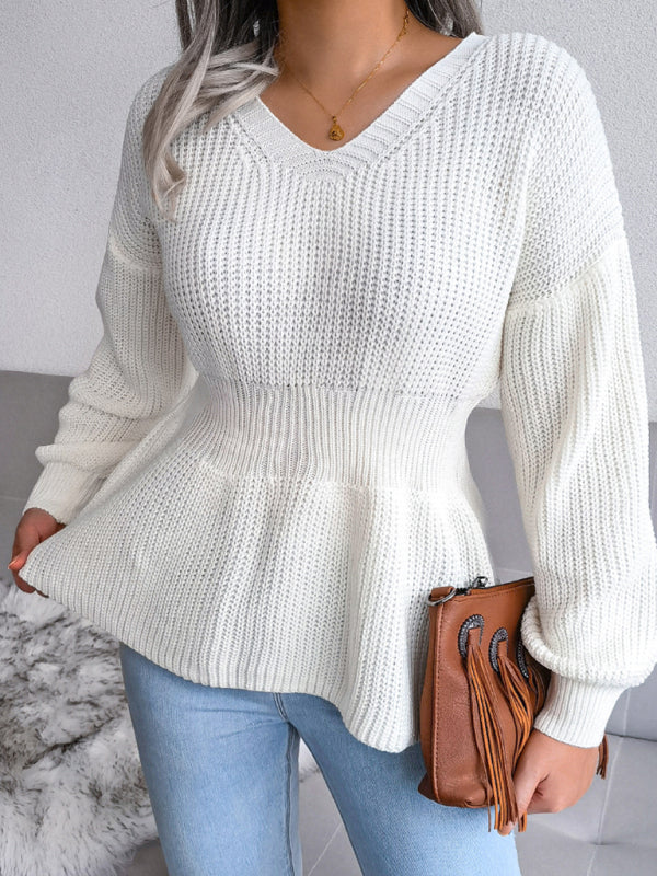 Women's Lantern Sleeve waist closed hem Ruffle knitted sweater