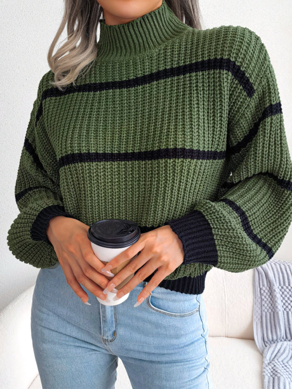 Women's casual stripe Lantern Sleeve half high neck knitted sweater